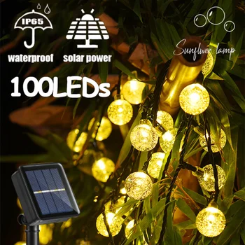 100LED bahçe güneş dize ışıkları açık havada kristal küre lambalar su geçirmez güneş Festoon peri aydınlatma noel partisi dekoru için