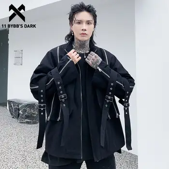 11 BYBB'S KOYU Techwear Şeritler fermuarlı ceket Ceket Erkekler İlkbahar Sonbahar Punk Streetwear Ceket Harajuku Gevşek Büyük Boy Dış Giyim Üst