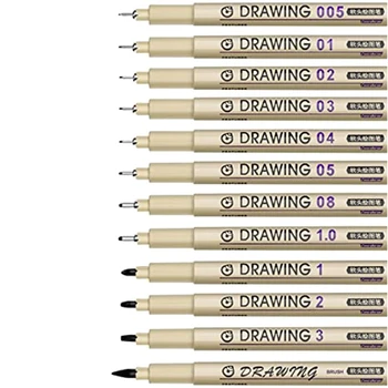 12 Adet Boyama Sanat Kalemler Siyah İnce Çizgi Su Geçirmez Mürekkep Seti Çizim Kroki Anime Suluboya