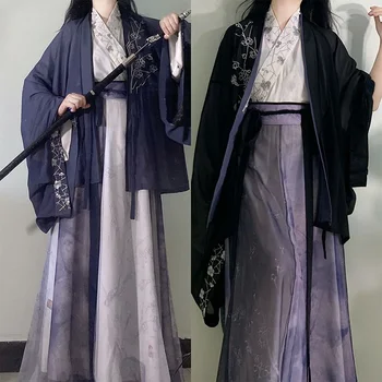 2 Renk WeiJin Hanedanları Zarif Mor Baskılı Çapraz Yaka Hanfu 3 adet Kız Kardeş elbiseleri Geleneksel Çin Giyim Kadınlar için