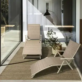 2 veranda Şezlong Ayarlanabilir Havuz Şezlong Sandalyeler Katlanır Açık Recliners,, alüminyum, kumaş Bej