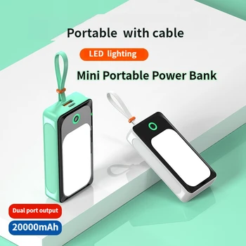 20000mAh Taşınabilir Güç Bankası Dahili Kablo Harici Yedek Pil Paketi Mini Powerbank iPhone 14 13 Samsung S22 Xiaomi 12S