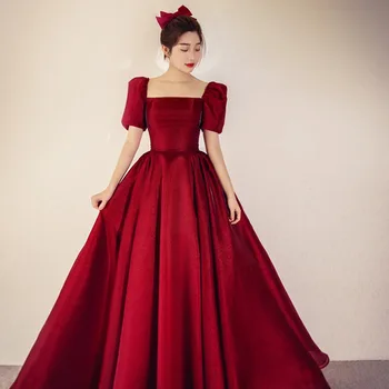 2021 Yeni Tost Giyim Gelin Bordo Saten Kare Boyun Düğün Gece Elbisesi Elbise Kadın Uzun Parti Kıyafeti