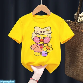 2022 Yeni Sevimli Kawaii T-Shirt Lalafanfan T Shirt peluş oyuncak Karikatür Baskı Çocuk Giysileri Küçük Erkek / Kız Unisex Sarı Genç Üstleri