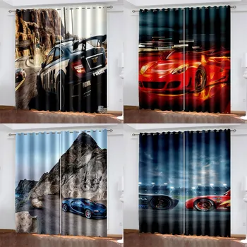 2023 Araba Yarışı Pencere Perdeleri 3D Baskılı Karartma Kalın Perdeler Yatak Odası Oturma Odası Perdeleri Perdeler 2 Panel