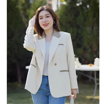 2023 Bahar ve Sonbahar Yeni Gevşek kadın Hafif Şişman mm Tasarım Kontrast Renk Ekleme Kuru Mizaç Takım Elbise Ceket Düz Renk Z