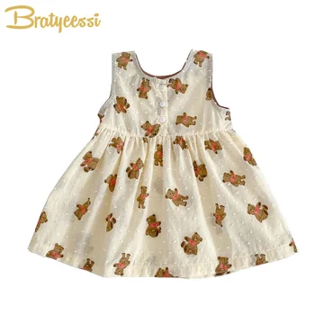 2023 Bebek Kız Elbise Sevimli Ayı Yaz Çocuklar Kızlar için Elbiseler Giysileri Yumuşak Pamuklu Kolsuz Bebek Sundress Bebek Giyim