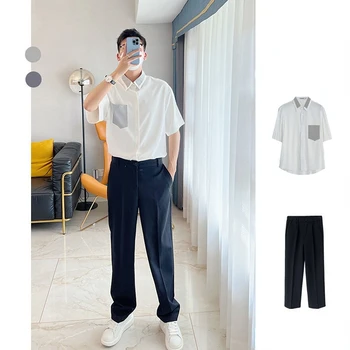2023 Erkek Kısa kollu Gömlek + Pantolon İki parçalı Set Sokak Açık Rahat Yaka Tek göğüslü Gömlek Yürüyüş Takım Elbise A57