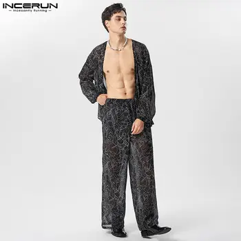 2023 Erkekler Setleri Baskı Şeffaf Streetwear Gevşek V Boyun Uzun Kollu Açık Dikiş Gömlek ve Pantolon 2 ADET Moda Erkek Takım Elbise INCERUN