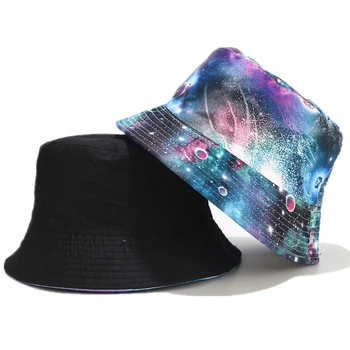 2023 Graffiti Galaxy Kova Şapka Kadın Moda Güneş Koruyucu Balıkçı Şapka Kadın Sokak Trendi Pamuk Havza Şapka Çift taraflı güneşlikli kep