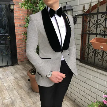 2023 Gümüş Jakarlı Erkek Takım Elbise 2 Parça Balo Düğün Takımları Erkekler için Özel Büyük boy Damat Smokin Slim fit Blazer Pantolon