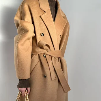 2023 Kış 20 % Kaşmir 80 % yün paltolar Kadın Uzun Gevşek Lüks Ceket Kadın Dalgalanma Zarif Sonbahar Kruvaze Deve Palto