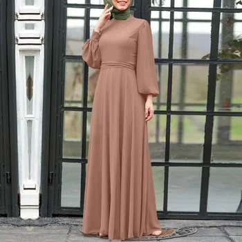 2023 Müslüman Yeni Parti Türkiye Büyük askı elbise Arap Elbise bahar uzun kollu elbise Yarım Yüksek Boyun Lace Up Zarif İnce Büyük Boy Elbise