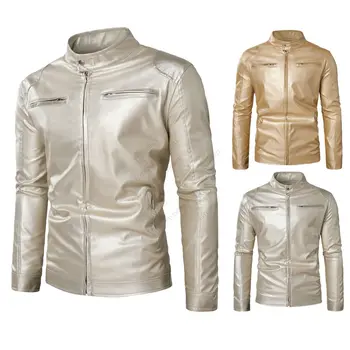 2023 Parlak Altın Metalik Ceket Erkekler Standı Yaka Fermuar beyzbol bomber ceketler Erkekler Disko Noel Partisi kolej ceketi