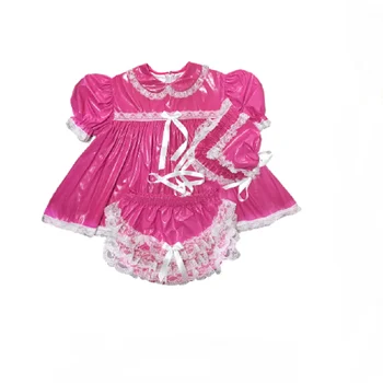 2023 Son Sıcak Satış Yetişkin PVC Kilitlenebilir Sissy Pembe Bebek Boyun Kabarcık Kollu Ruffled Dantel Kız Elbise