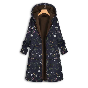 2023 Sonbahar / Kış Kalınlaşmış Baskılı kadın kapüşonlu ceket Uzun Kollu Slim Fit Uzun Pamuklu Ceket Kadın Ceket