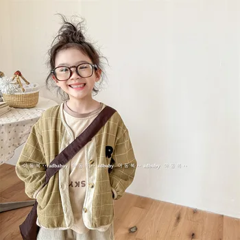 2023 Sonbahar Yeni Çocuk Uzun Kollu Ceket Pamuk Bebek Erkek Rahat Ekose Ceket Moda Sevimli Kız Hırka Ceket Çocuk Giysileri