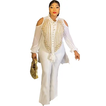 2023 Yaz Afrika Şifon Elbise Kadınlar İçin Artı Boyutu İki Parçalı Set Uzun Kollu Üstleri Pantolon Takım Elbise Düğün Parti Kristal Elbise