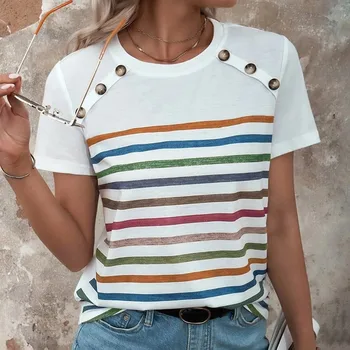 2023 Yaz Bayan Üstleri Çizgili Baskı Patchwork Düğme Crewneck kısa Kollu Tişörtler Bayanlar Casual Gevşek Fit Tees Streetwear