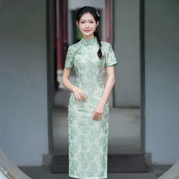 2023 Yaz Geliştirilmiş Uzun Dantel Cheongsam Retro Mizaç Genç Kızlar Performans Çin Tarzı Akşam Elbise Qipao Kadınlar için