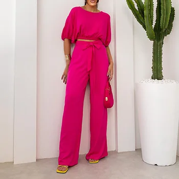 2023 Yaz Moda günlük giysi Yuvarlak Boyun Kısa kollu Üst Dantel-up Yüksek Bel Pantolon İki parçalı Set Kadınlar için
