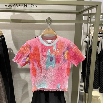 2023 Yaz Yeni Üst T-shirt Moda Tatlı Serin Renk Büzgü Sıkı İnce Kısa Kollu Tişört kadın Kawaii Giyim Streetwear