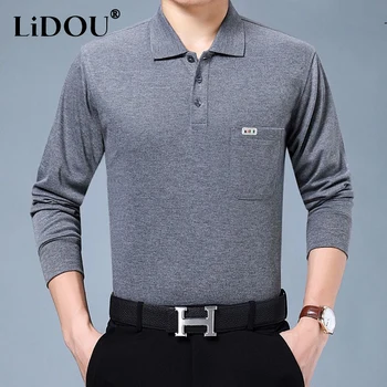 2023 Yeni Bahar Sonbahar Vintage Kore Moda İş polo gömlekler Rahat Harajuku Yüksek Kaliteli Düz Renk Slim Fit Üstleri Erkekler