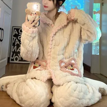 2023 Yeni Sonbahar Kış Pazen Pijama Kadın Sıcak Ev Giysileri Öğrenci Kalın Mercan Polar Loungewear Seti