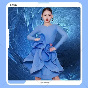 2023 Yeni Uzun Kollu Üstleri Lotus Etek Çocuk Latin Dans Elbise Kız Elbise Yarışması Balo Salonu Dans Kostüm JUPAOPAO