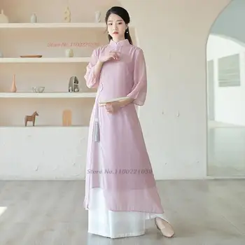 2023 geleneksel çin vintage giyim seti ulusal qipao elbise + pantolon seti oryantal çay servisi hanfu seti retro halk tarzı seti