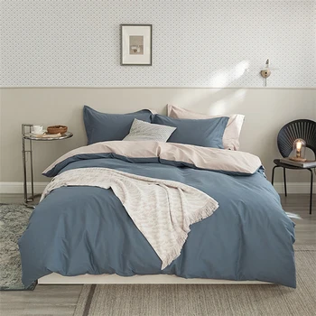 2023 yeni dört parçalı yatak basit pamuklu çift ev yatak çarşafı nevresim işlemeli rahat moda mavi renk