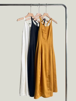 2023 İlkbahar Yaz Yeni Elbise Kadınlar Düz Renk Bel Kapalı Askı Elbise