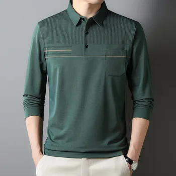 2023 İlkbahar ve Sonbahar erkek Kazak Yaka Katı Düğme Cep Şerit Uzun Kollu T-shirt Moda Rahat Vintage Polo Tops
