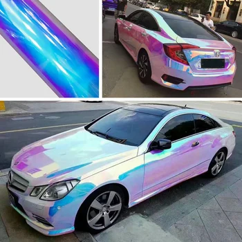 2m x 135cm Holografik Gökkuşağı Krom Beyaz PVC Vinil Wrap Araba Çatı Hood Sticker Çıkartmaları Araba Styling Bukalemun Renk Değişimi Filmi