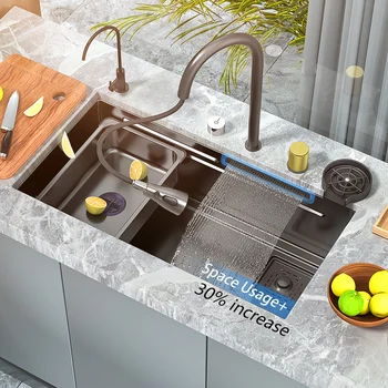 304 Paslanmaz çelik mutfak lavabosu Şelale Havzası Büyük Tek Kase Çok Fonksiyonlu Dokunmatik Musluk