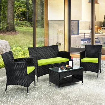 4 ADET Veranda mobilya takımı Açık Bahçe Konuşma Siyah Hasır 2 Koltuk+1 Çift Kişilik Kanepe + 1 Masa w/Yeşil Yastık [ABD Stok]