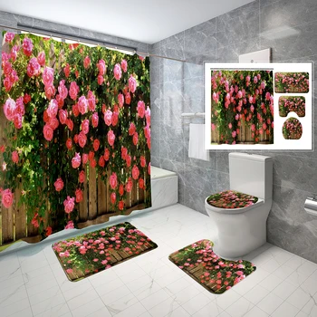 4 Adet Çiçek duvar duşu perde setleri Tuvalet kapak ve kaymaz Banyo Paspas Yaratıcılık Tasarım Duş perde seti