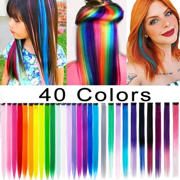 40 Paket Sentetik Renkli Klip Tek Parça Düz Renkli Gökkuşağı saç ekleme 22 İnç Saç Parçaları Vurgular Kızlar İçin