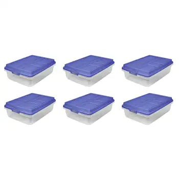 40 Qt. Mavi Yüksek Katlı Kapaklı Şeffaf Plastik Saklama Kutusu, 6'lı Paket