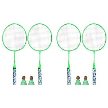 4X Badminton Raketleri Çocuklar İçin, Raketle Raket Spor Seti 4 Topları İle Oyuncular İçin Kapalı Açık Spor Yeşil