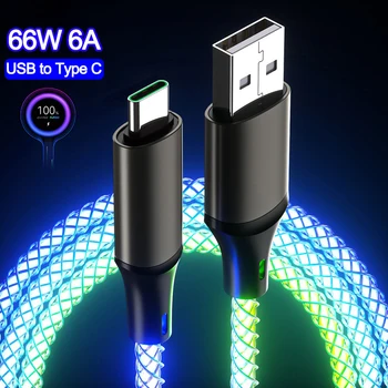 66W 6A RGB ışık USB Tip C Hızlı şarj kablosu Xiaomi Redmi İçin Samsung OPPO Huawei Cep Telefonları USB C Şarj Veri Kablosu