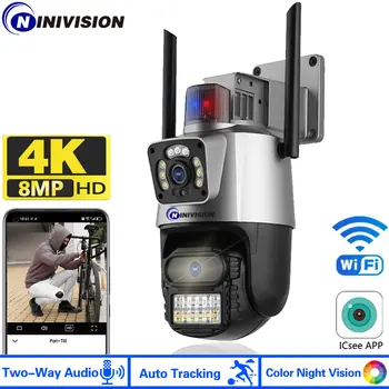 8MP 4K ICsee IP Çift Lens PTZ Wifi Kamera Açık P2P Otomatik İzleme Video Güvenlik Video gözetim kameraları polis lambası Alarmı