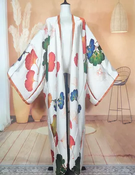 Afrika Moda Tasarımcısı Çiçek Uzun Kollu Boho Hırka Boy Kuveyt Yaz Kadın Mayo Kaftan Kimono Tatil İçin