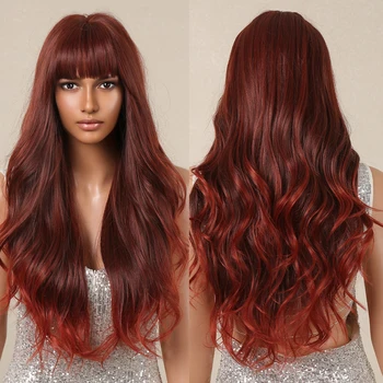 Allbell Kırmızı Kahverengi Uzun Dalgalı Sentetik peruk Ombre Açık Kırmızı doğal saç kahküllü peruk ısıya Dayanıklı kostümlü oyun saç Kadınlar için