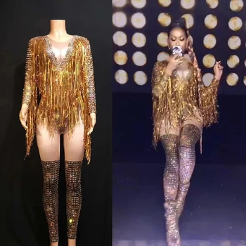 Altın Sequins Püskül Kollu Tulum Rhinestones Leotard dans kostümü Kadın Doğum Günü Partisi Gece Kulübü Bar Performans Sahne Giyim