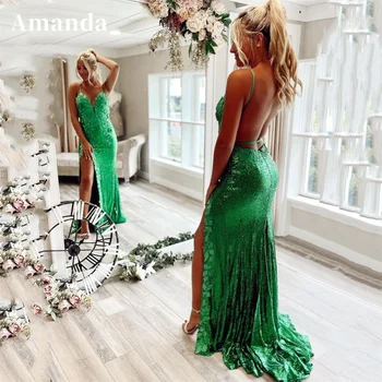 Amanda Yeşil Vestidos de Fiesta Elegantes Para Mujer 2023 Glitter Sequins Balo Elbise 2023 3D İşlemeli Trompet فساتين مناسبة رسمية
