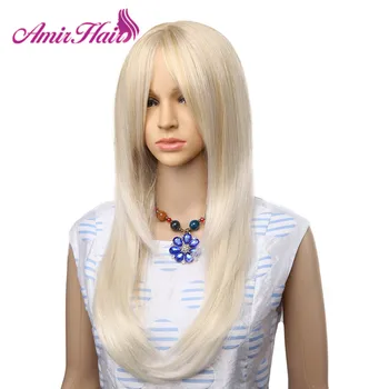 Amir Sentetik Düz Saç Peruk Beyaz Kadınlar için Uzun Sarışın kahküllü peruk Yüksek Sıcaklık Fiber Cosplay