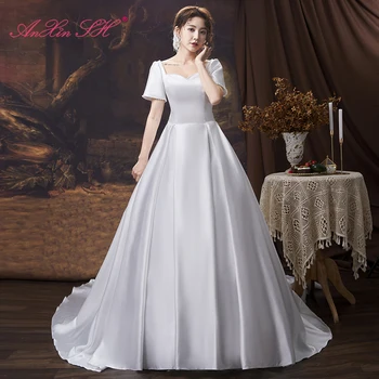 AnXin SH prenses beyaz saten düğün elbisesi Fransız Retro vintage sevgiliye boncuk inciler kısa kollu gelin düğün elbisesi