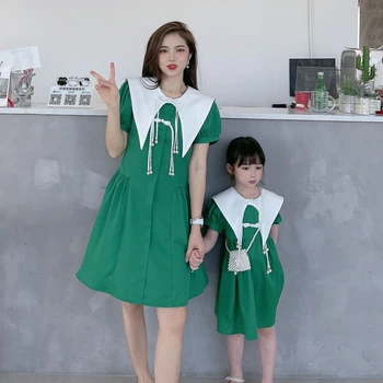 Anne ve Bebek Kız Zarif Elbise Kadın ve Kızı Yeşil Kısa Kollu Elbiseler 2023 Yaz Mumya ve Ben Eşleşen Giysi