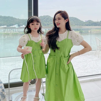 Anne ve Kızı Eşleştirme Tatil Yeşil Elbise Anne Bebek Kız Aynı Tek Parça Elbise Anne ve Ben için 2023 Yaz Giyim Elbise